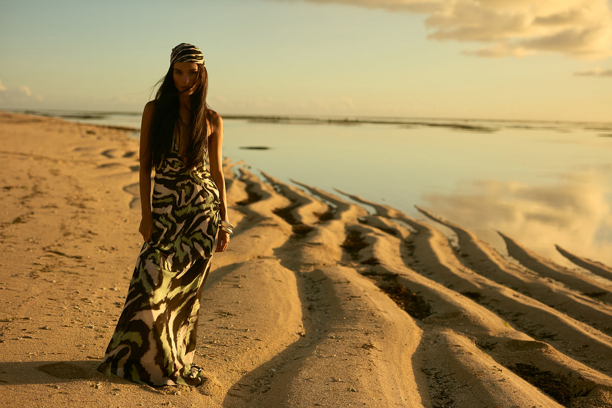 Leni Maxi Dress Zebra in the water at dusk