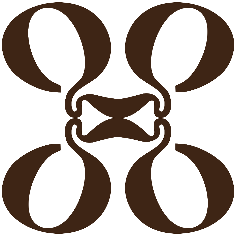 Brown logo with a stylized face on a white background